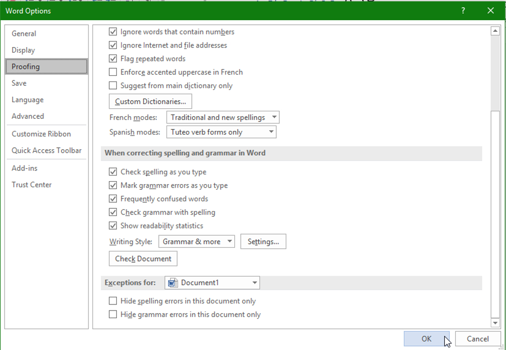 proofing options show readability