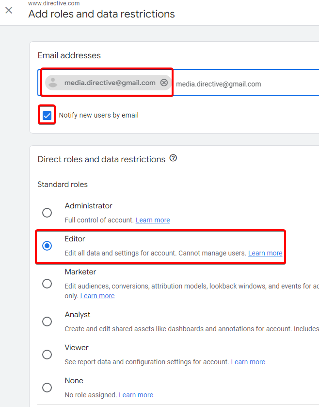 google analytics access add access permissions